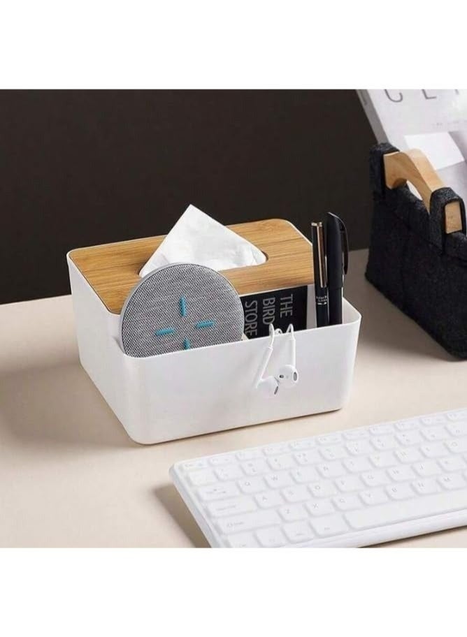 Happy Home Decorative Plastic Tissue Box with Wooden Lid, 2-Compartment Tissue Box Organizer for Living Room and Office, Multi-Purpose Tissue Holder with Storage for Remote Controls, Pens and Accessories, Lightweight Tabletop Organizer for Bathroom, Bedroom, Desk and Coffee Table - Image 5